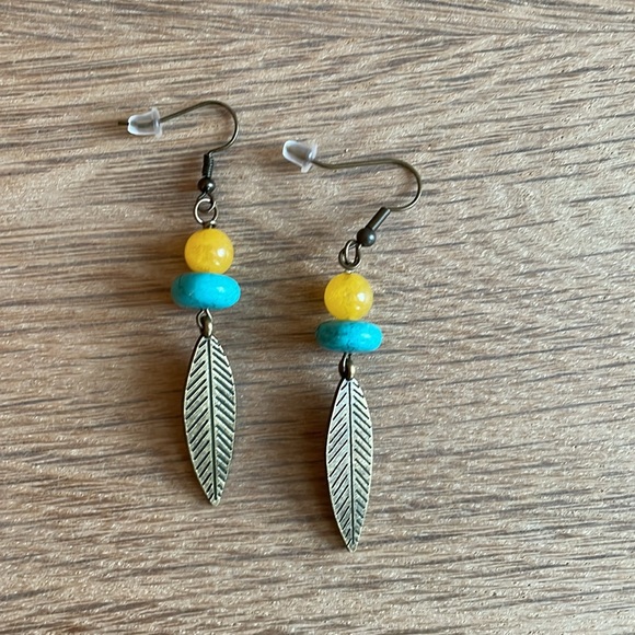 HAND CRAFTED BOHEMIAN BEADED EARRINGS Antique Brass Turquoise Yellow Chalcedony - Picture 6 of 14